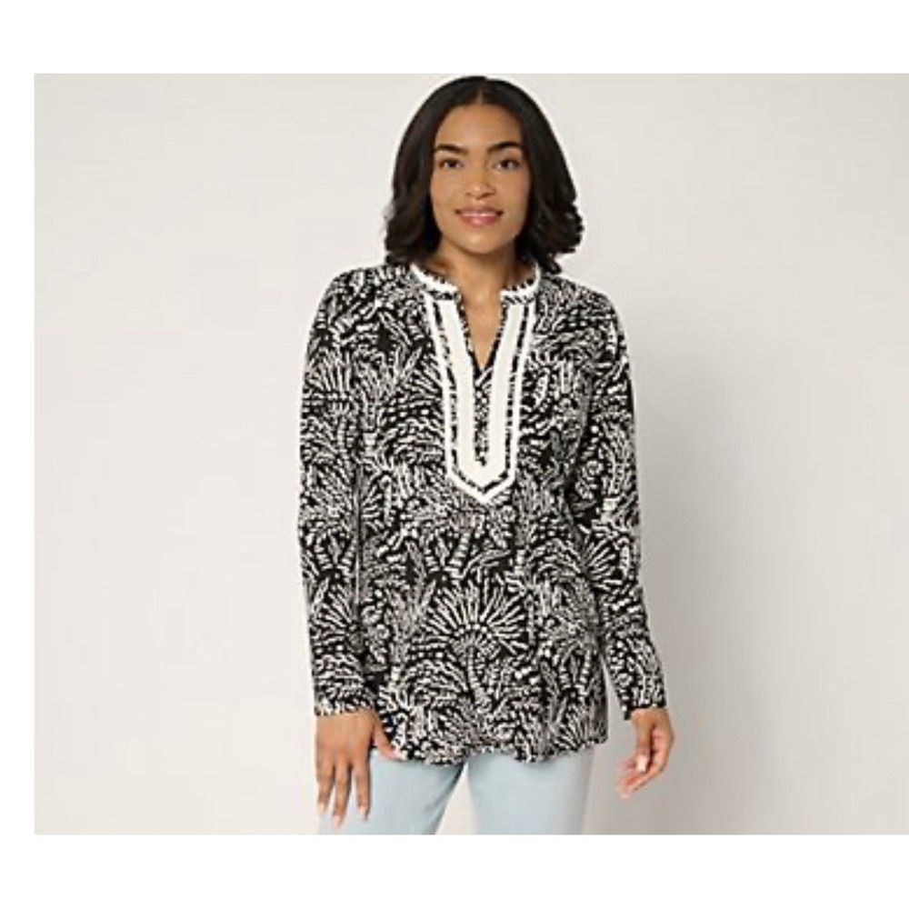 Bellisima By Kim Gravel Cabana Knit Palm Trim Tunic Women's Large Black Multi
